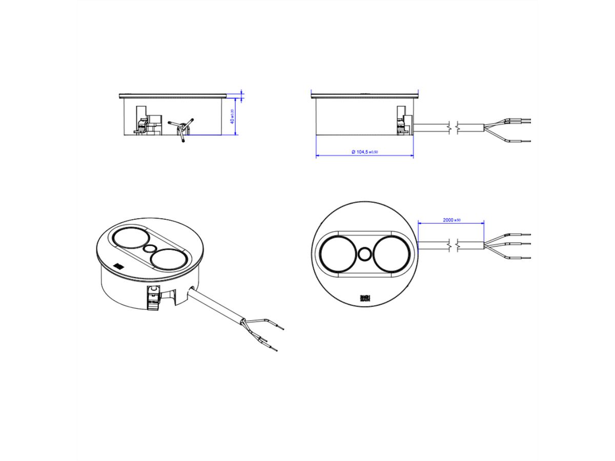 BACHMANN TWIST 2 2xUTE 2,0m AEH argent rond, Mesure p.Sd.3m H05VV-F 3G4 CEE16A LAN