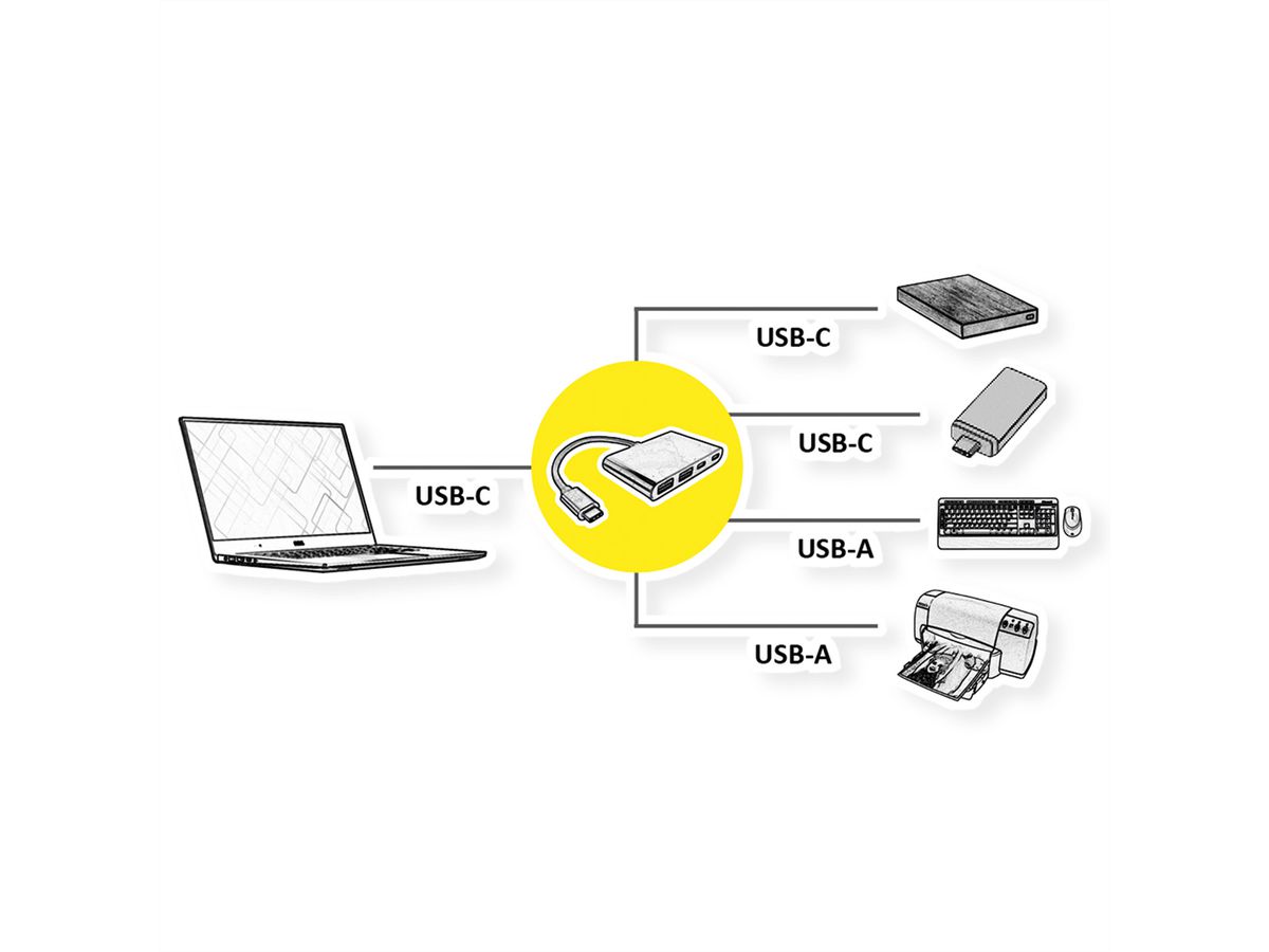 VALUE Hub USB 3.2 Gen 2, 4 ports (2x A+ 2x C), prise type C