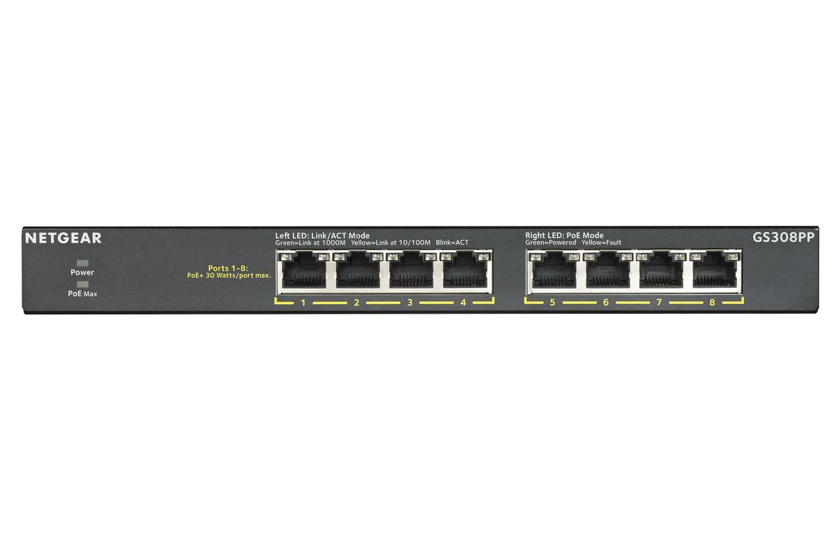 Netgear GS308PP Non-géré Gigabit Ethernet (10/100/1000) Connexion Ethernet, supportant l'alimentation via ce port (PoE) Noir