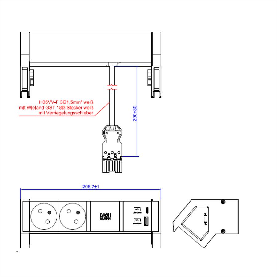 BACHMANN DESK2 white 2xUTE 1xUSB A/C 22W 0,2m GST18