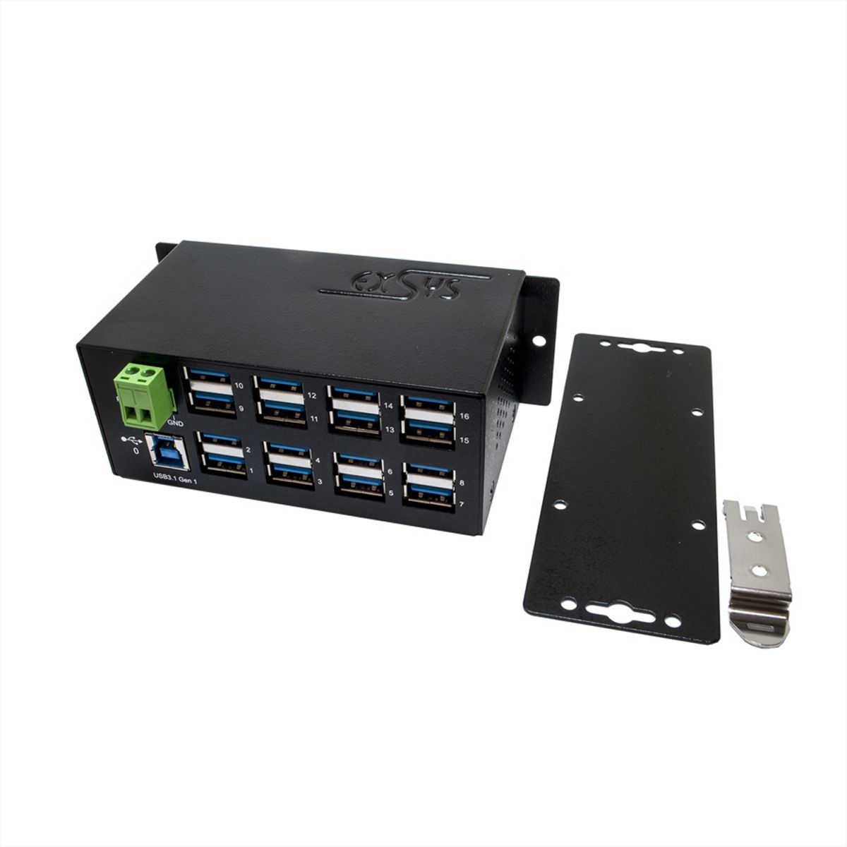 EXSYS EX-1113HMVS Hub à 16 ports USB 3.0/3.1(Gen1), protection de surtension et kit rail DIN