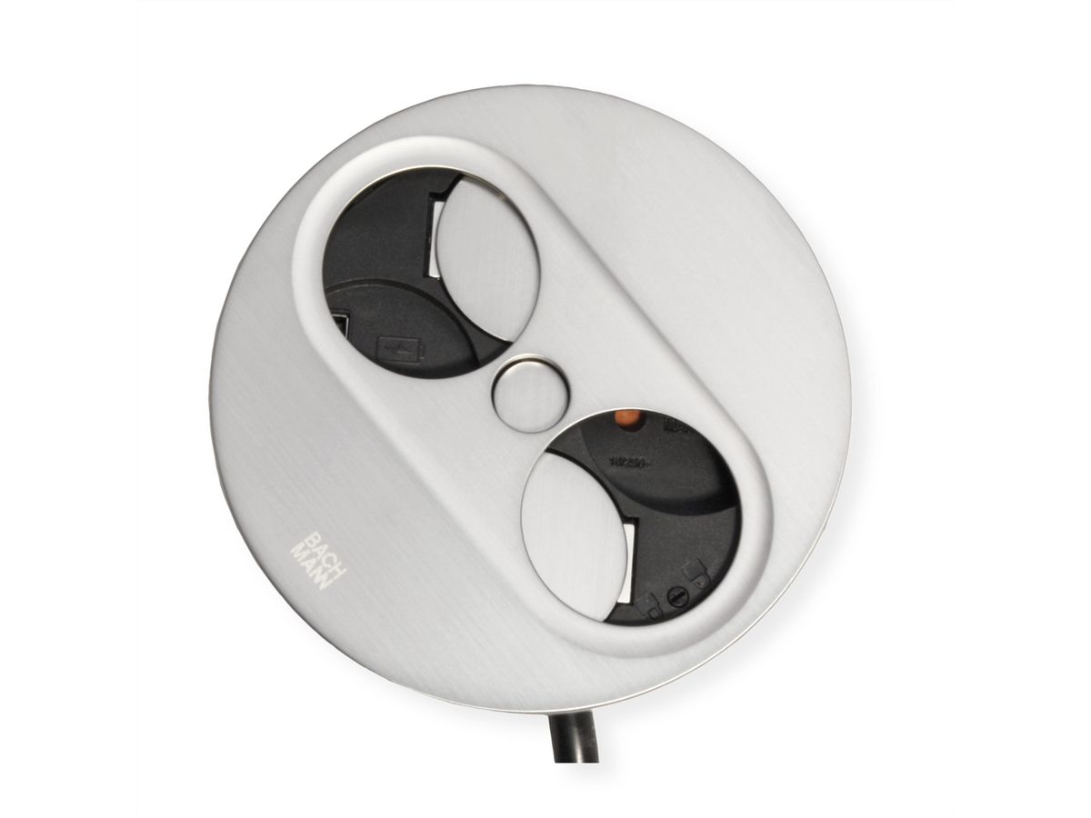 BACHMANN TWIST 2 1xUTE 1xUSB A/C 22W 2,0m AEH aspect inox rond, Mesure p.Sd. H05VV-F 3G2,5 CEE3x16A LAN