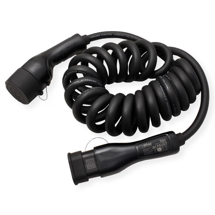 ROLINE Câble de recharge VE type2, 3-Phases, 480VAC (3P+N+E), 16 A, 11 kW, spirale (max. 5m)