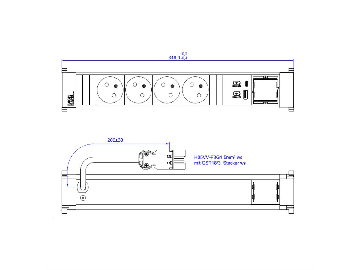 BACHMANN POWER FRAME 4xUTE 1xUSB A/C 22W 0,2m GST18
