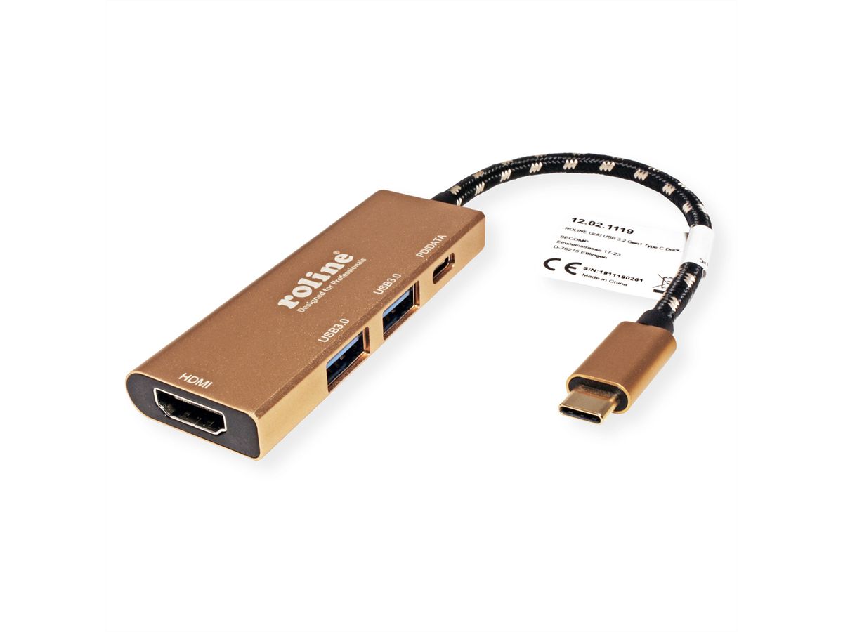 ROLINE GOLD Station d'accueil USB type C, 4K HDMI, 2 ports USB 3.2 Gen 1, 1x USB type C PD (Power Delivery)