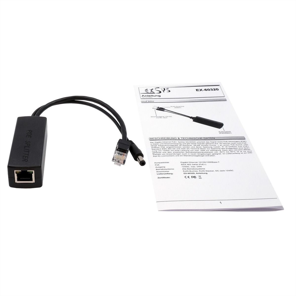 EXSYS EX-60320 Splitter PoE+ 10/100Mbps 802.3at