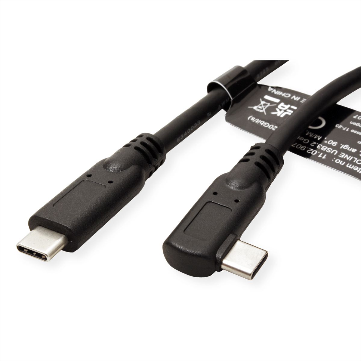 ROLINE Câble USB 3.2 Gen 2x2, avec PD, C-C, M/M, 4K UHD-1, 20Gbit/s, Emark, 100W, 1x coudé à 90°, noir, 1 m