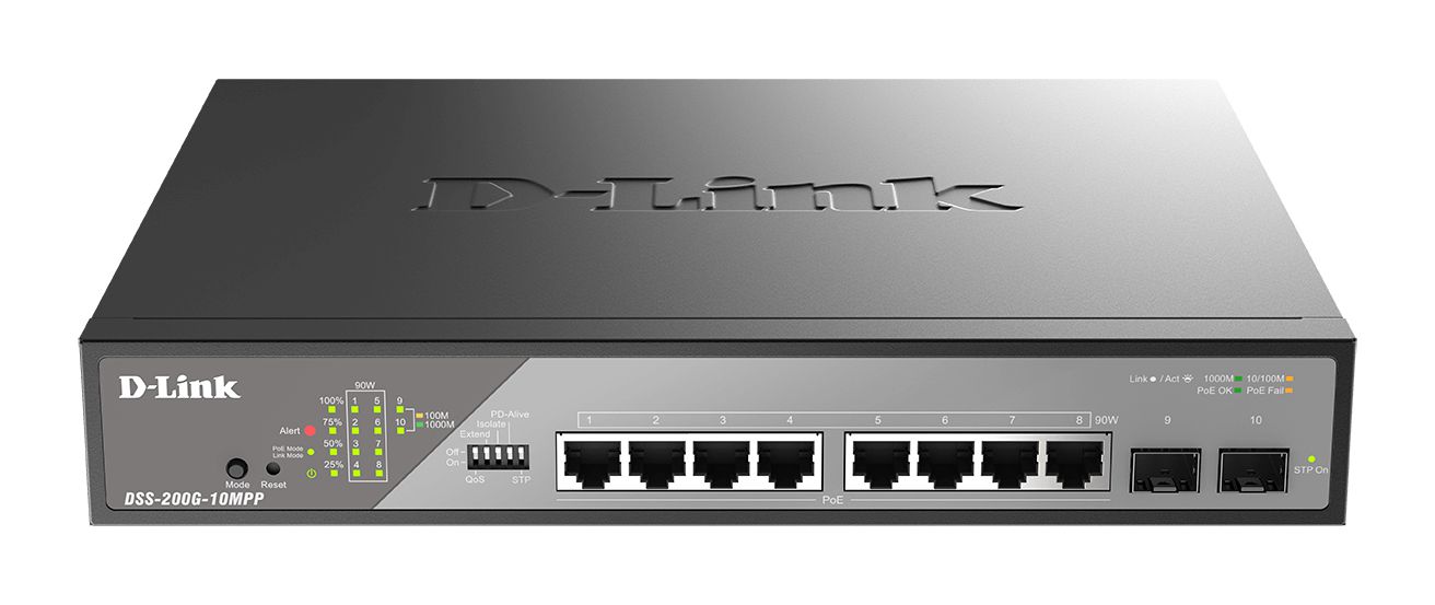 D-Link DSS-200G-10MPP/E commutateur réseau Géré L2 Gigabit Ethernet (10/100/1000) Connexion Ethernet, supportant l'alimentation via ce port (PoE) 1U Gris