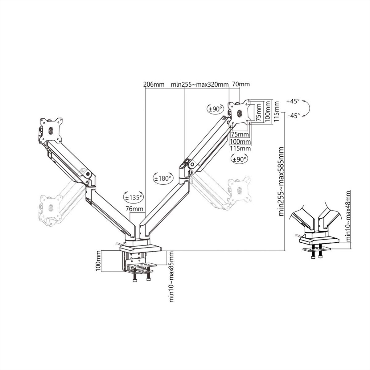 ROLINE Support double LCD à gaz, 5 axes de rotation, max. 15 kg, jusqu'à 35 pouces