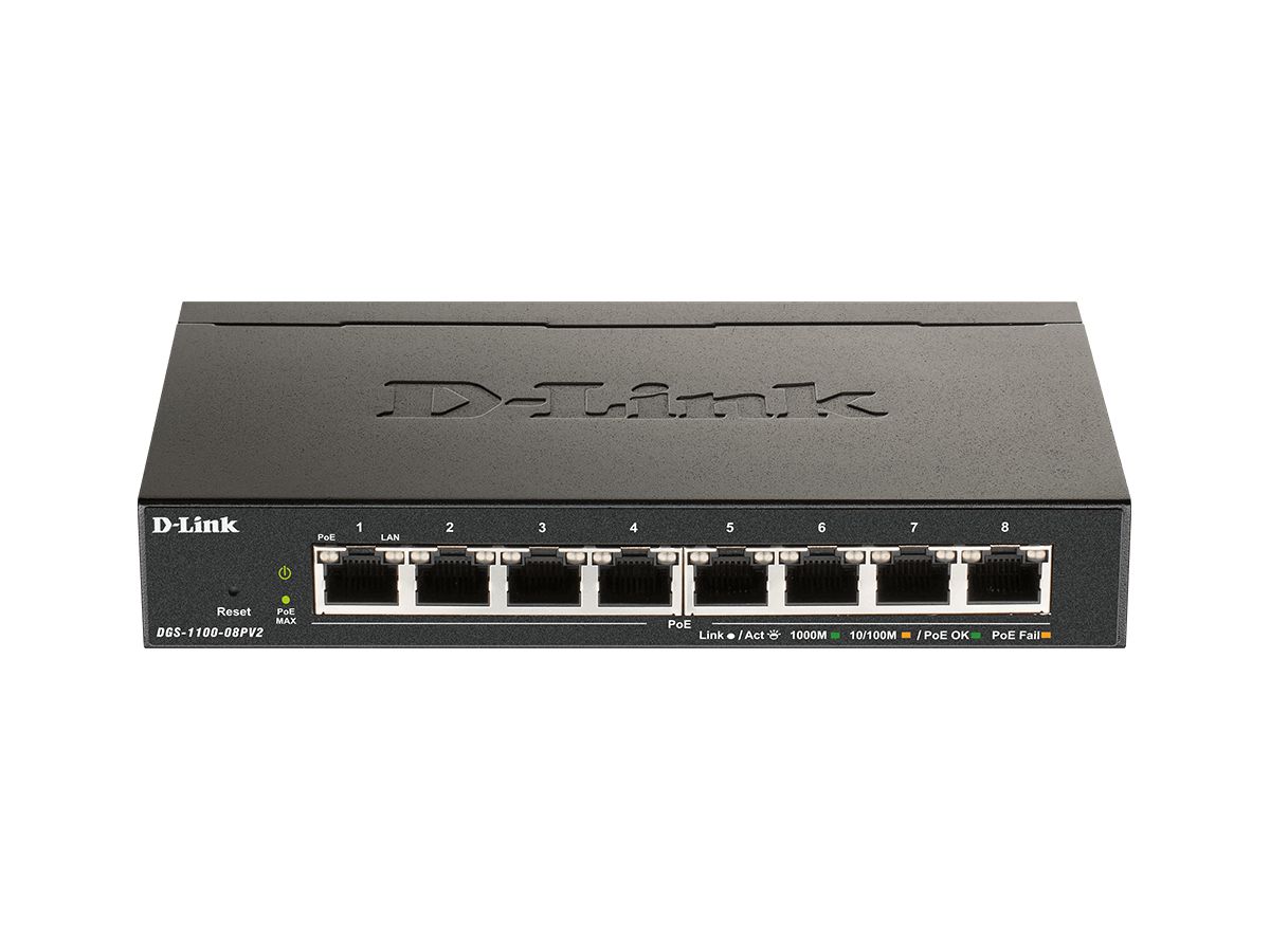 D-Link DGS-1100-08PV2 Géré L2/L3 Gigabit Ethernet (10/100/1000) Connexion Ethernet, supportant l'alimentation via ce port (PoE) Noir
