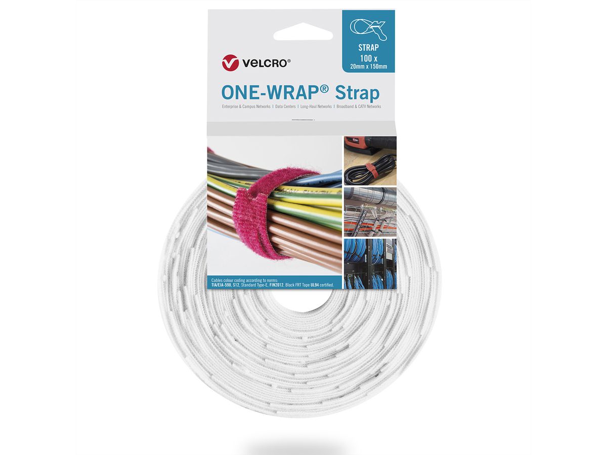 VELCRO® One Wrap® Strap 20mm x 230mm, 100 pièces, blanc