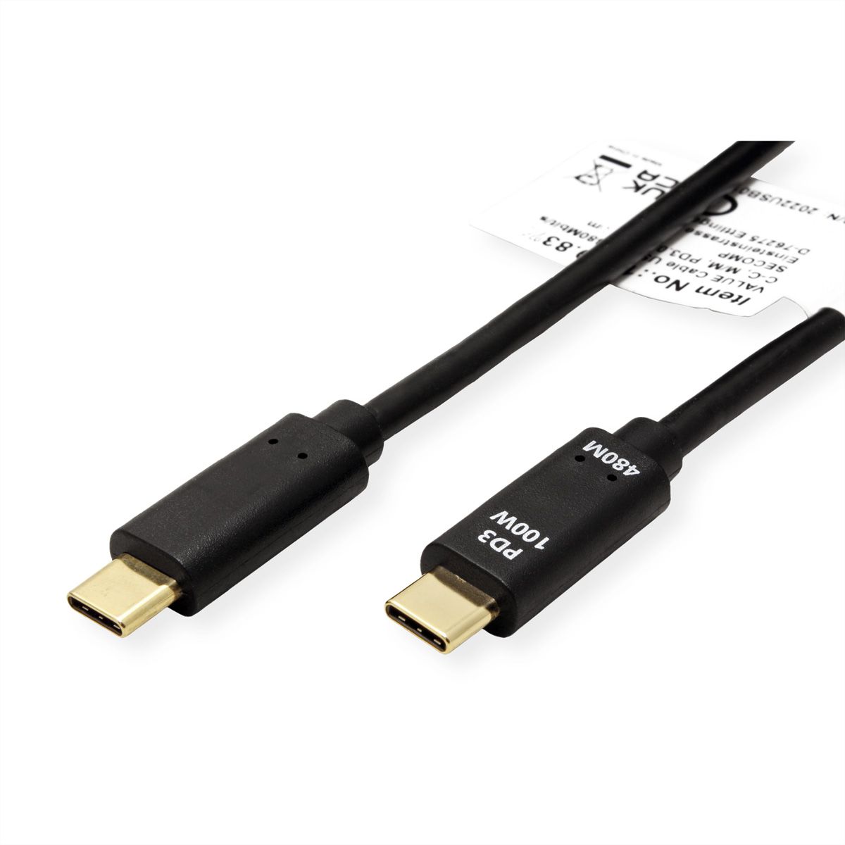 VALUE Câble USB 2.0, C–C, M/M, 100W, noir, 1 m