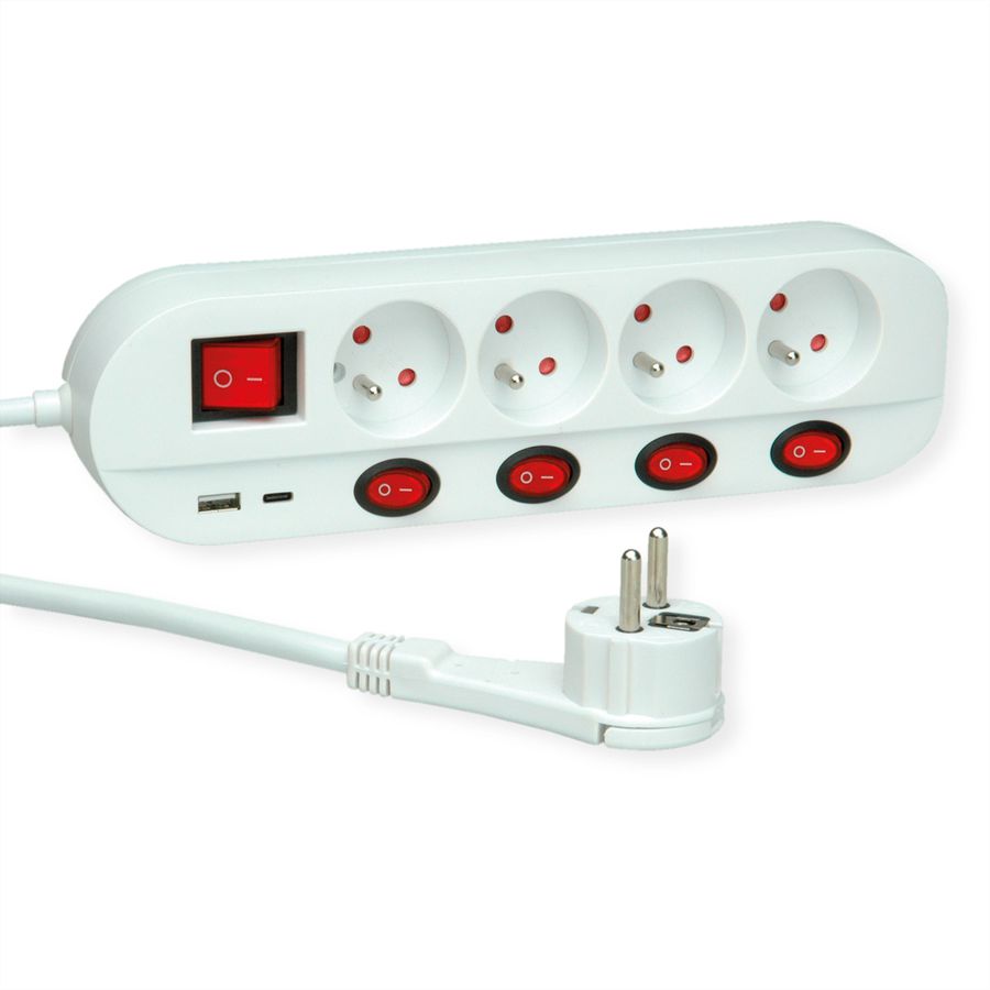ROLINE Prise multiple, 4x avec interrupteur, Fast Charger, 1x USB A+C, 3 m