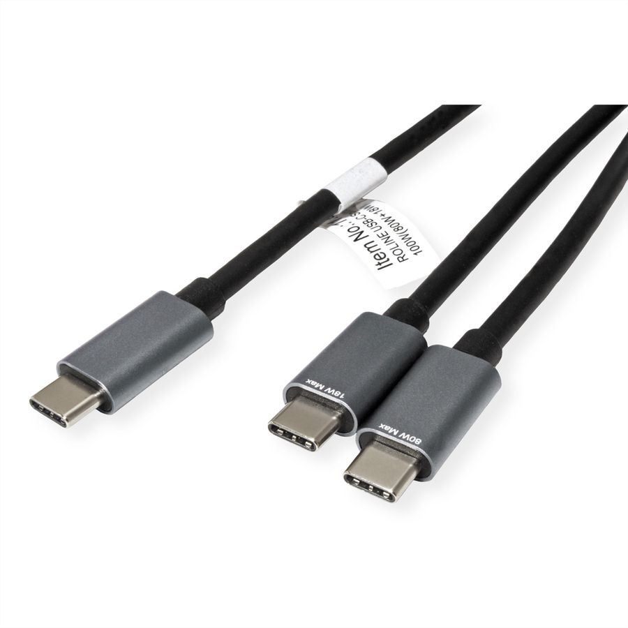 ROLINE Câble de chargement Y - Splitter, USB-C vers 2x USB-C, M/M, max. 100W, noir, 1,85 m