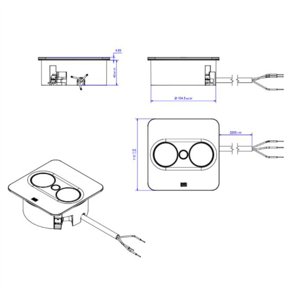 BACHMANN TWIST 2 1xUTE 1xUSB A/C 22W 2,0m AEH aspect inox carré, Mesure p.Sd.3m H05VV-F 3G4 CEE16A LAN