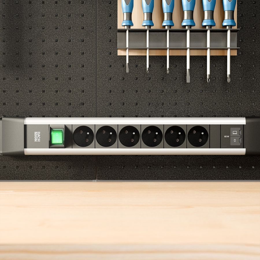 BACHMANN CONNECTUS 6xUTE 1xinterrupteur, 1xUSB C/C 65W L=2,0m CEE7/7 gris