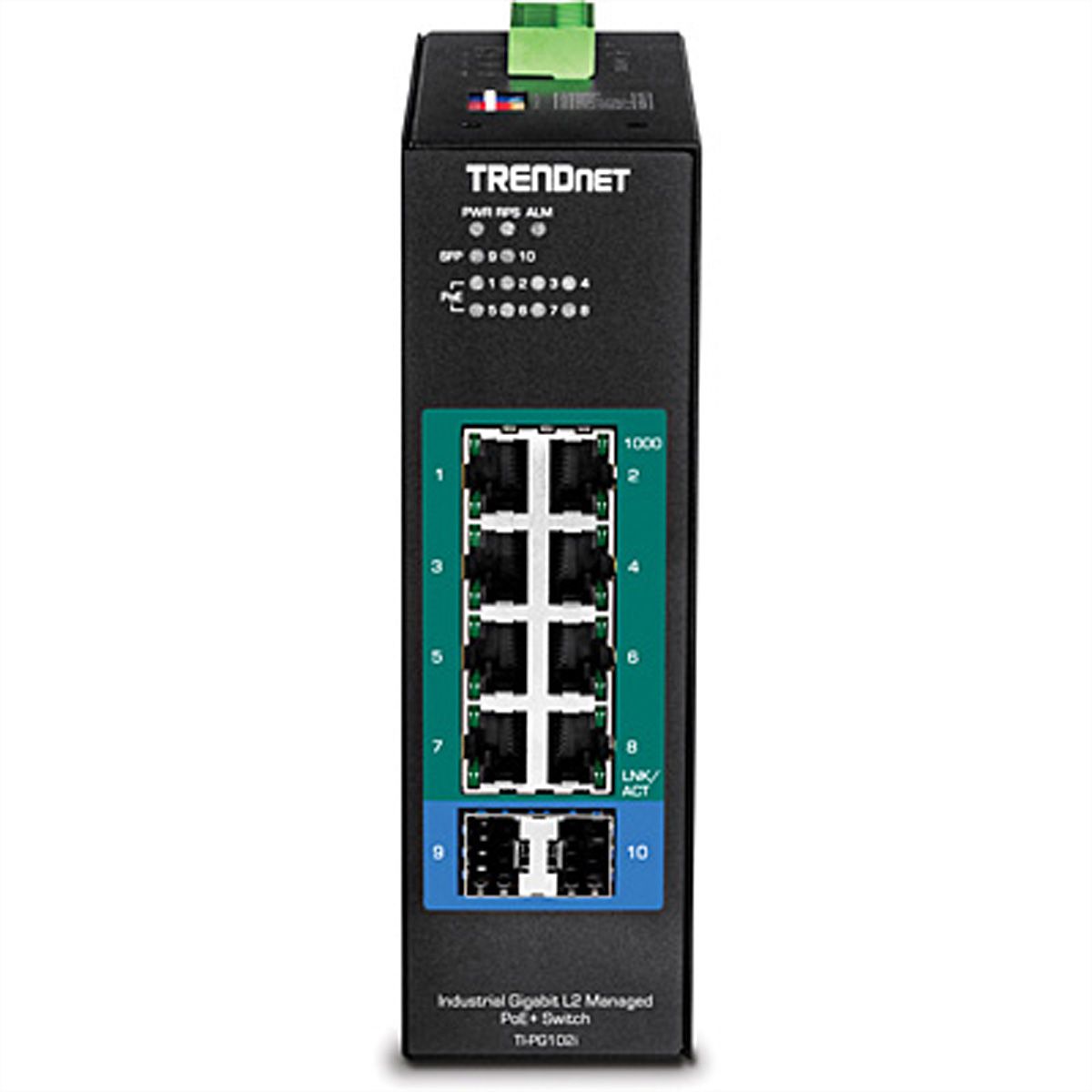 TRENDnet TI-PG102i Switch industriel Rail DIN Gigabit PoE+ L2 à 10 ports