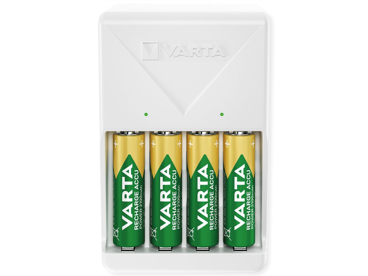 VARTA Chargeur + 4 piles NH-AA, 2100mAh, Chargeur Plug avec 4 piles, chargées et prêtes à l'emploi