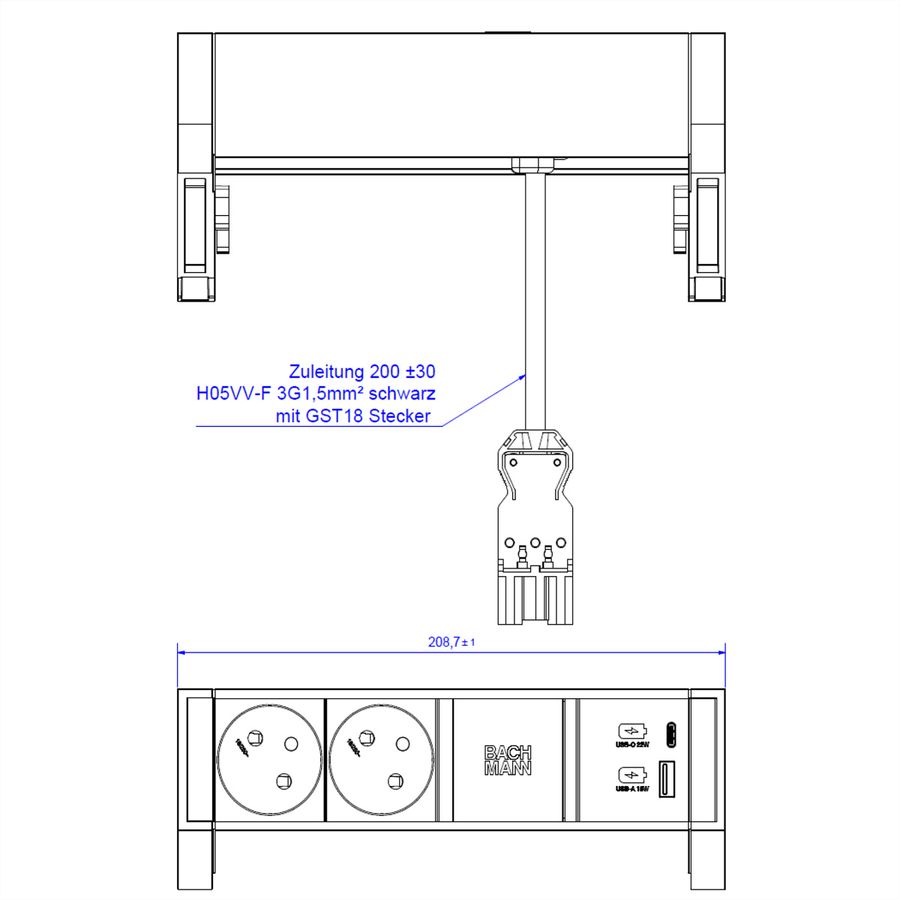 BACHMANN DESK2 2xUTE 1xUSB A/C 22W 0,2m GST18 RAL9010