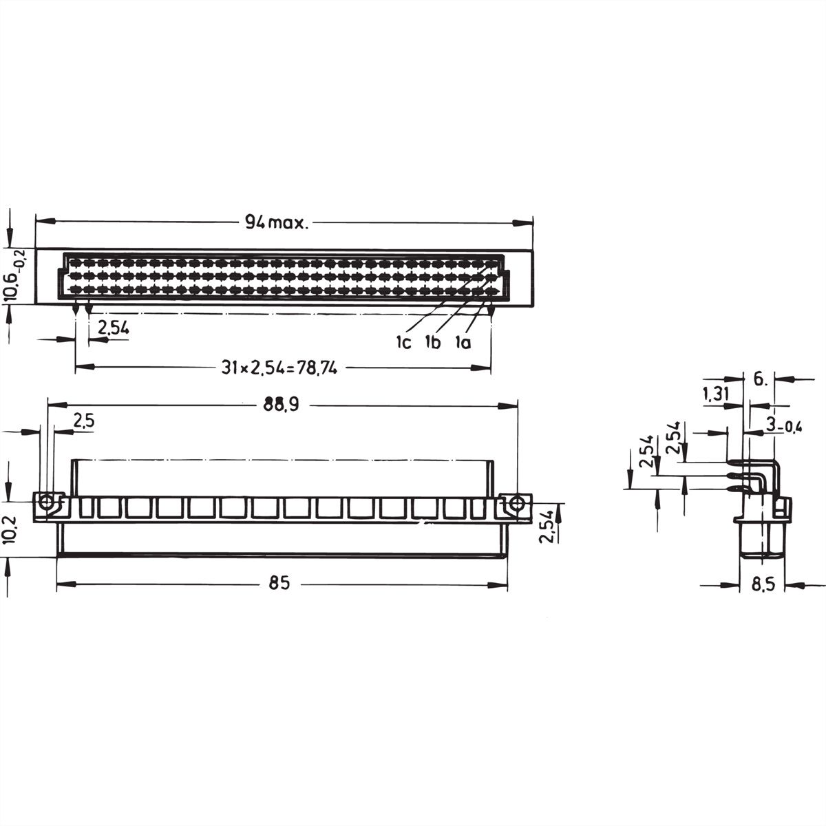 Connecteur SCHROFF type R, EN 60603, DIN 41612, femelle, 96 contacts, broches à souder, 3 mm