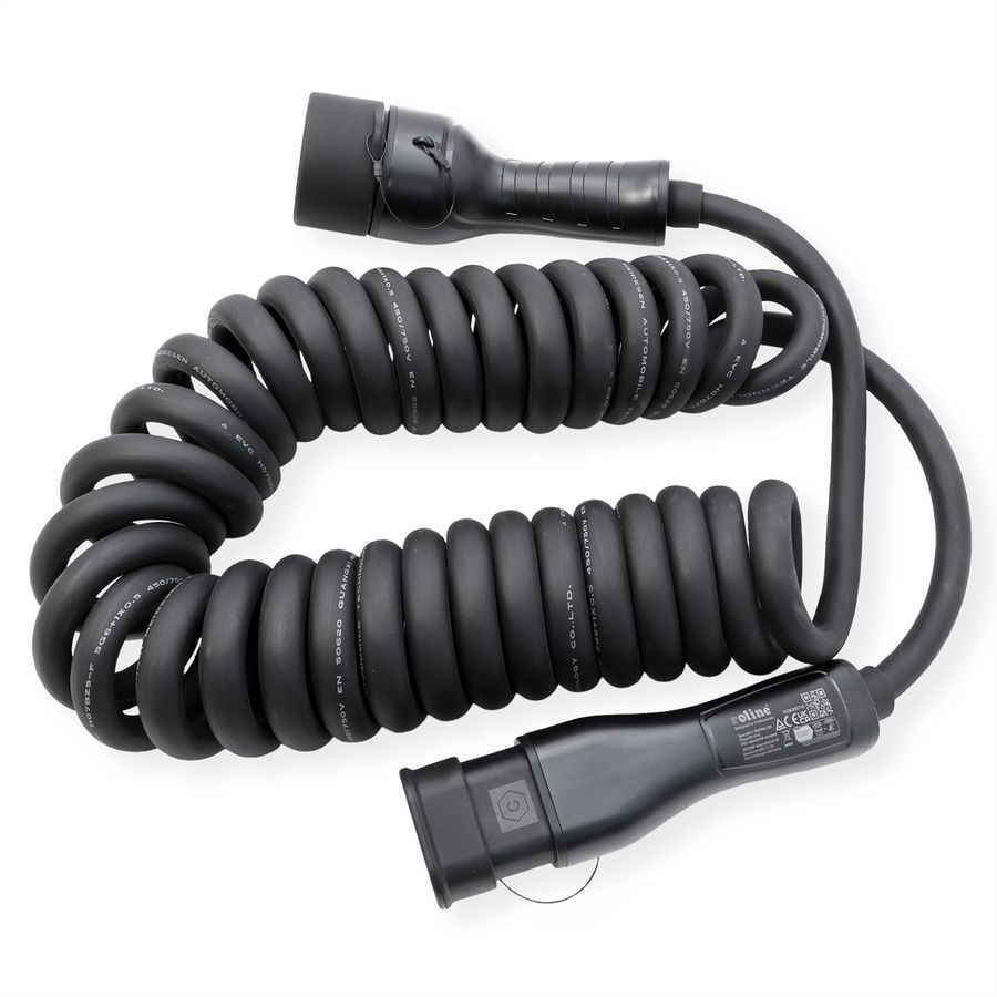 ROLINE Câble de recharge VE type2, 3-Phases, 480VAC (3P+N+E), 32 A, 22 kW, spirale (max. 5m)