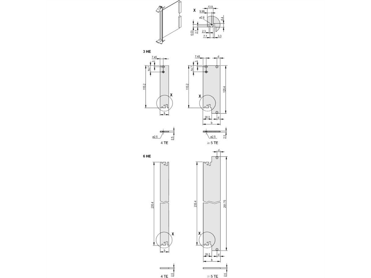 SCHROFF Unité enfichable, face avant, non blindée, pour IEL, IET, Type 2 poignée, 6 U, 8 HP, 2,5 mm, alu, anodisé avant, conducteur arrière