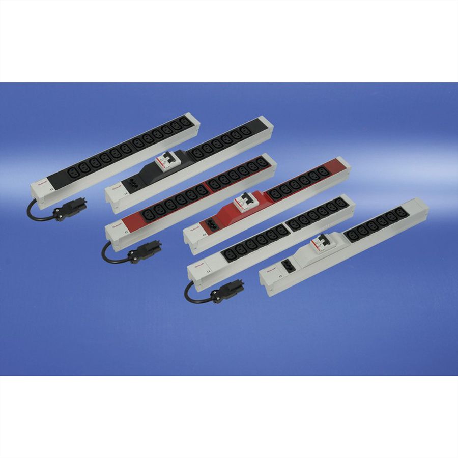 Bâtis de prises SCHROFF, IEC C13, avec entrée Wieland®, C13, 6 prises, 19", noir, protection contre les surintensités