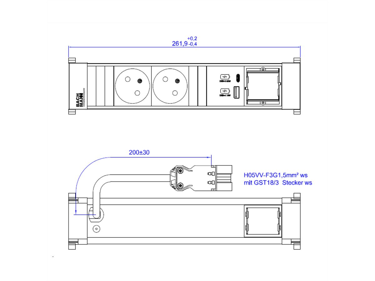 BACHMANN POWER FRAME 2xUTE 1xCM 1xUSB A/C 22W 0,2m GST18