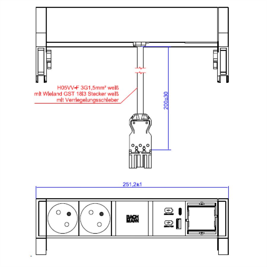 BACHMANN DESK2 white 2xUTE 1xCM 1xUSB A/C 22W 0,2m GST18