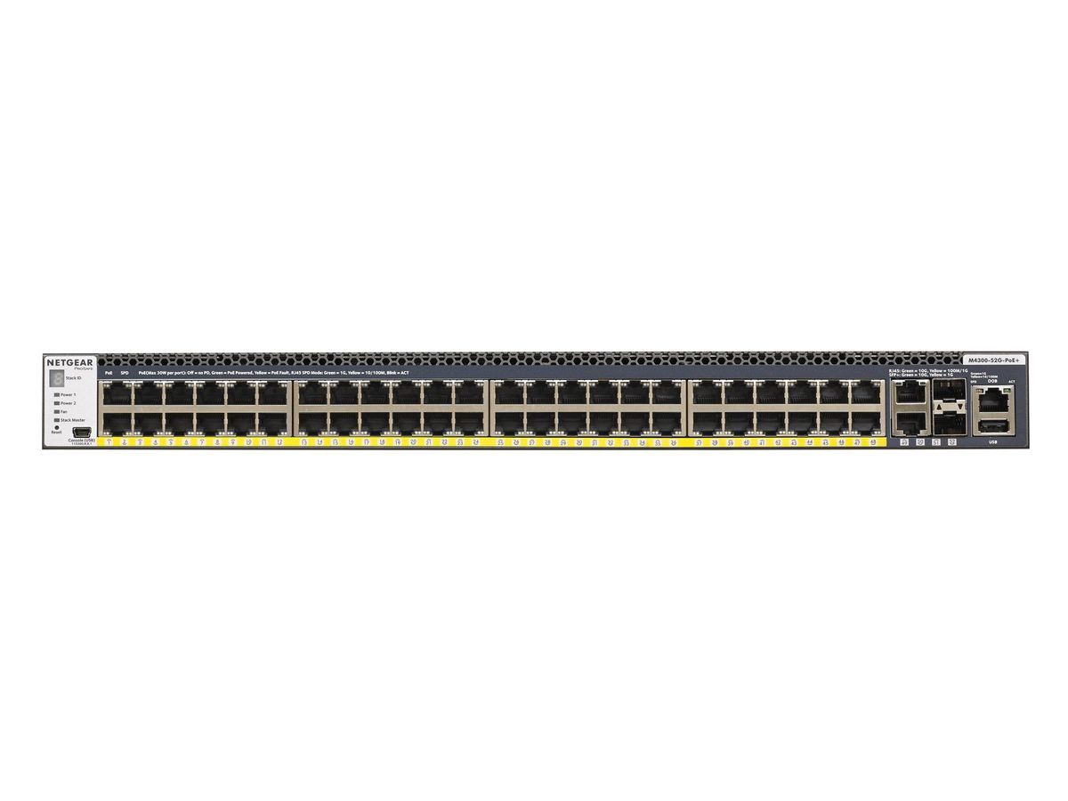 Netgear M4300-52G-PoE+ 1000W PSU Géré L2/L3/L4 Gigabit Ethernet (10/100/1000) Noir 1U Connexion Ethernet, supportant l'alimentation via ce port (PoE)