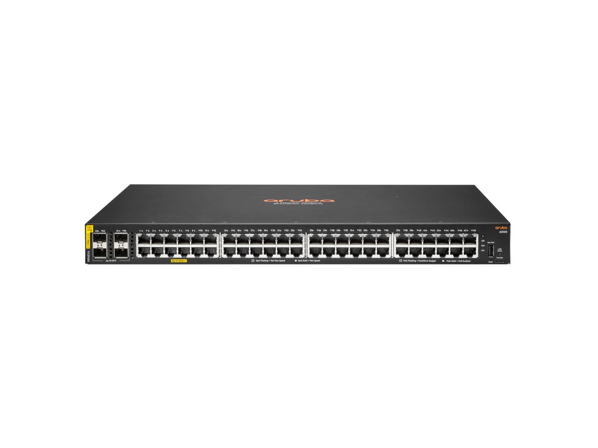 HPE Aruba Networking Aruba 6000 48G Class4 PoE 4SFP 370W Géré L3 Gigabit Ethernet (10/100/1000) Connexion Ethernet, supportant l'alimentation via ce port (PoE) 1U
