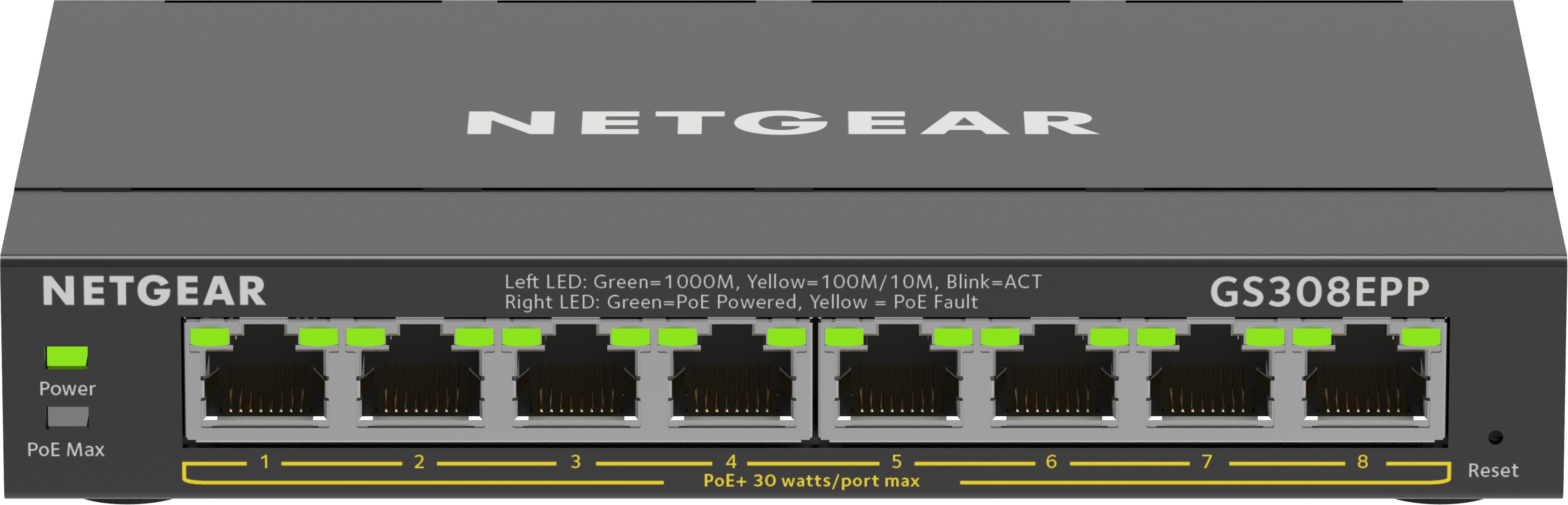NETGEAR 8-Port Gigabit Ethernet High-Power PoE+ Plus Switch (GS308EPP) Géré L2/L3 Gigabit Ethernet (10/100/1000) Connexion Ethernet, supportant l'alimentation via ce port (PoE) Noir