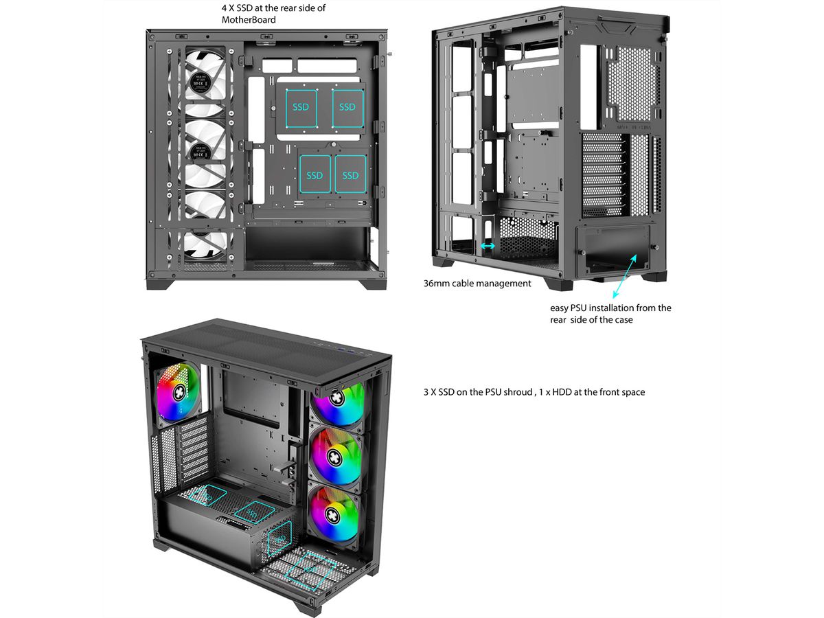 XILENCE Xilent Gleam X818.ARGB Gaming ATX PC noir, Tour RGB ATX Midi