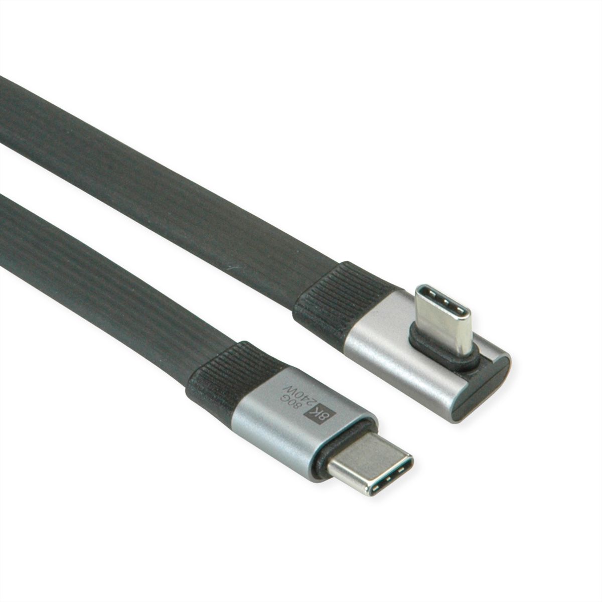 ROLINE Câble USB4 2.0 plat, C–C, M/M, 8K UHD-2, 80Gbit/s, 240W, un côté coudé à 90°, noir, 0,8 m