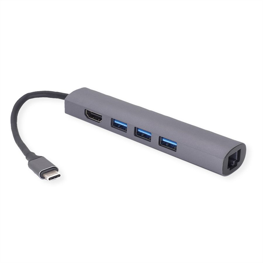 VALUE Station d'accueil USB-C, 4K HDMI, 3x USB type A, Gigabit Ethernet, gris