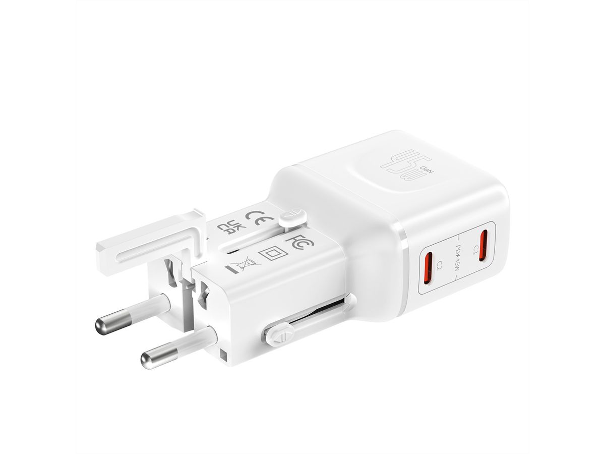 VALUE Chargeur de voyage, EU/UK/US, 2 ports USB C, 45 W