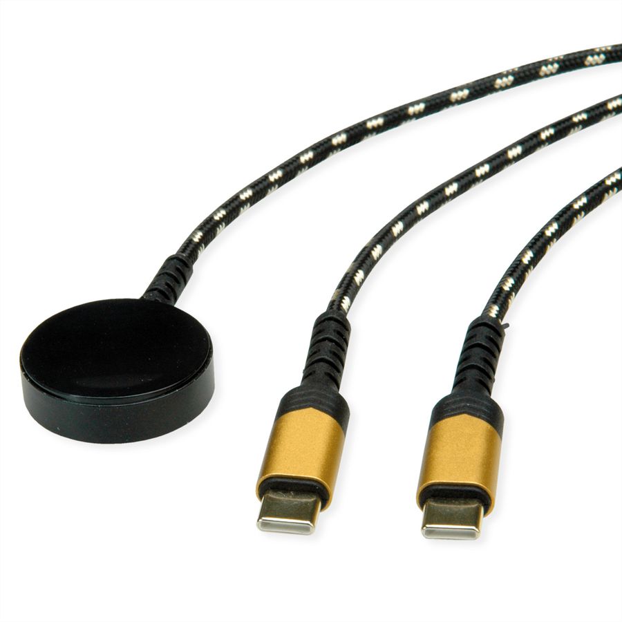 ROLINE Câble de charge USB en Y - max. 60W + pad de charge (max. 15W), pour appareil Samsung, type C-C, noir / or, 1,2 m