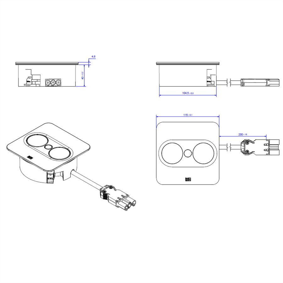 BACHMANN TWIST 2 1xUTE 1xUSB A/C 22W 0,2m GST18 argent carré, Mess.p.Ph. 5G4 CEE3x16A Lan Commutation p.D.