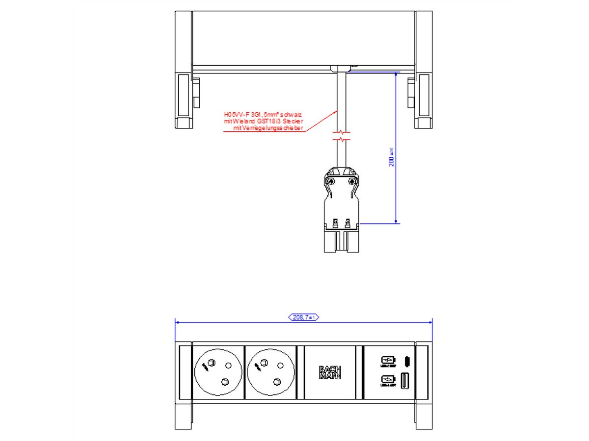 BACHMANN DESK2 2xUTE 1xUSB A/C 22W 0,2m GST18 INOX