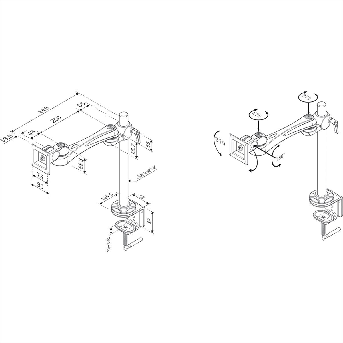 ROLINE Bras LCD pivotant, 3 points, pince de fixation