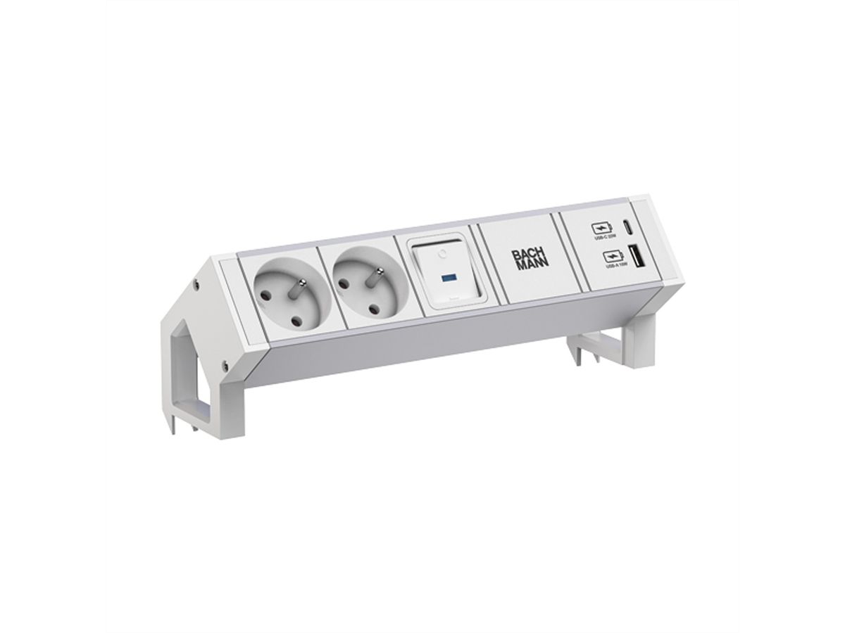 BACHMANN DESK2 ALU WHITE 2xUTE 1xUSB A/C 22W 1xinterrupteur 0,2m