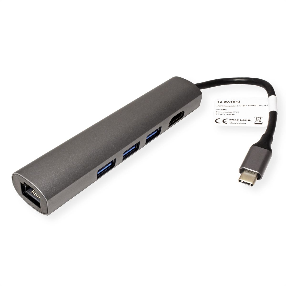VALUE Station d'accueil USB-C, 4K HDMI, 3x USB type A, Gigabit Ethernet, gris