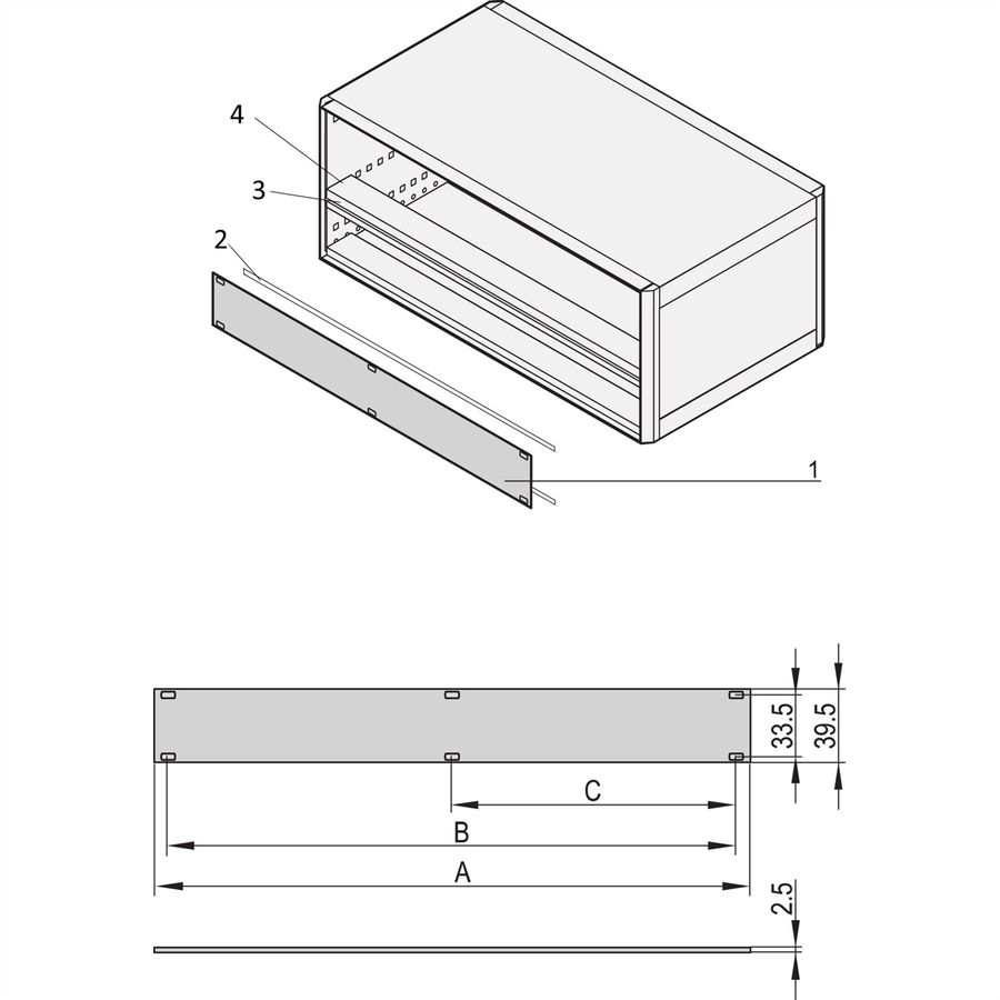 SCHROFF Face avant 1 U, 63 HP, Montage sur rail horizontal, 2,5 mm, Al, Anodisé frontal, Conducteur arrière