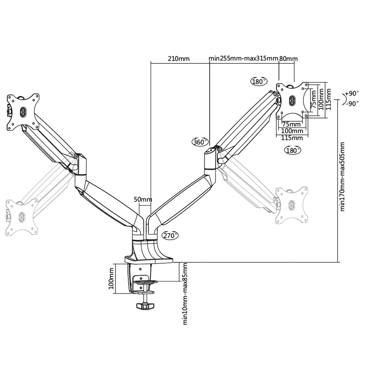 VALUE Bras double LCD, fixation sur bureau, vérin à gaz, 6 articulations