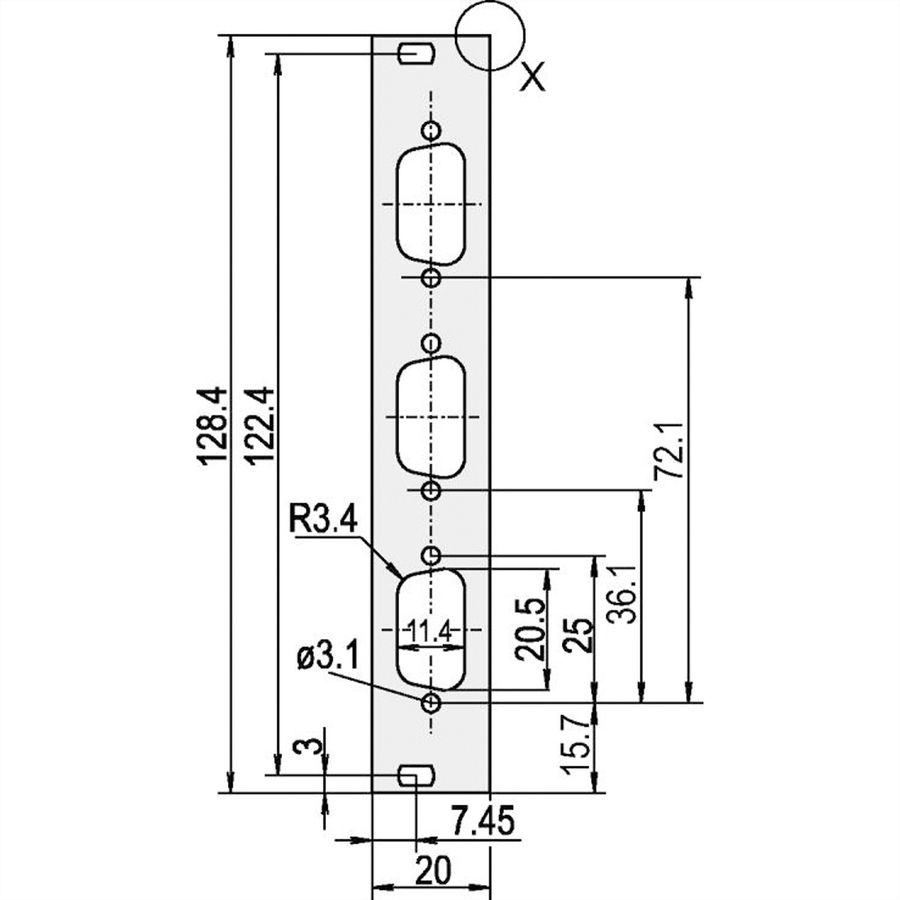 SCHROFF Face avant en U, blindée, découpe Sub-D, 3 U, 4 F, 3 x 9 broches, 2,5 mm, alu, anodisé avant, conducteur arrière