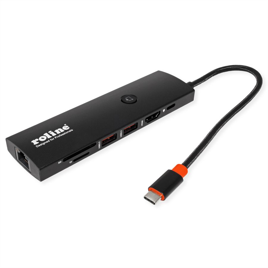ROLINE Station d'accueil USB 3.2 Gen 2 type C multiports, HDMI 4K60, USB 3.2 Gen2, USB-C PD, LAN, SD-Card Reader