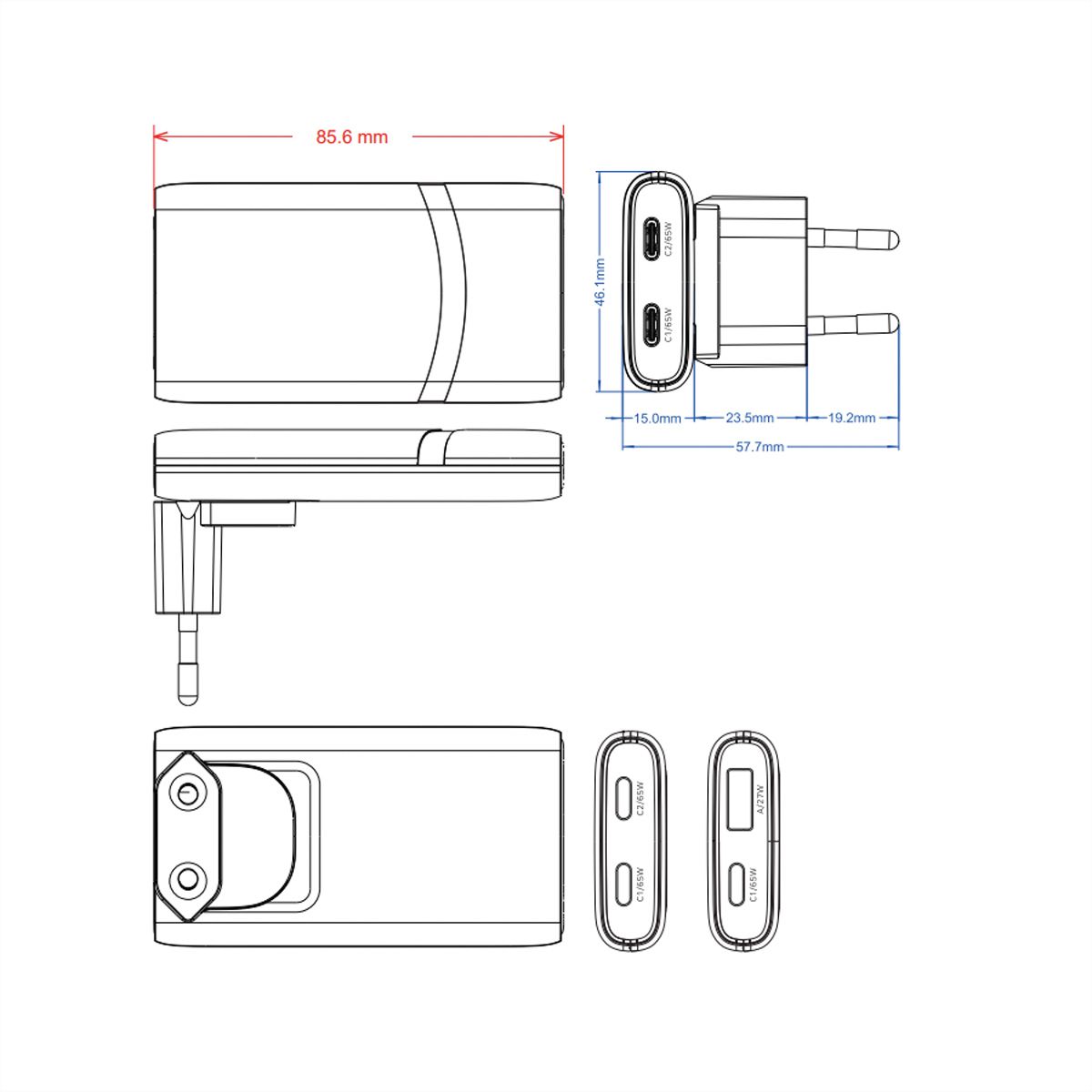 VALUE Chargeur USB, 2 ports type A+C, 65W, prise euro / US