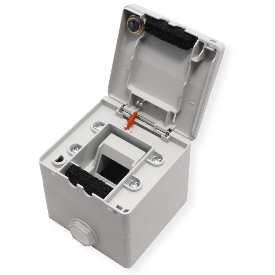 METZ CONNECT Boîtier apparent pour module IP44 , Couvercle rabattable + serrure, 2 ports non équipés , gris