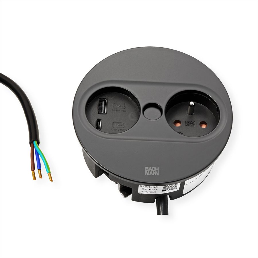 BACHMANN TWIST 2 1xUTE 1xUSB A/C 22W 2,0m AEH RAL9005 30GE rond, Mess.p.Ph. 3G4 CEE32A Lan Commutation p.D.