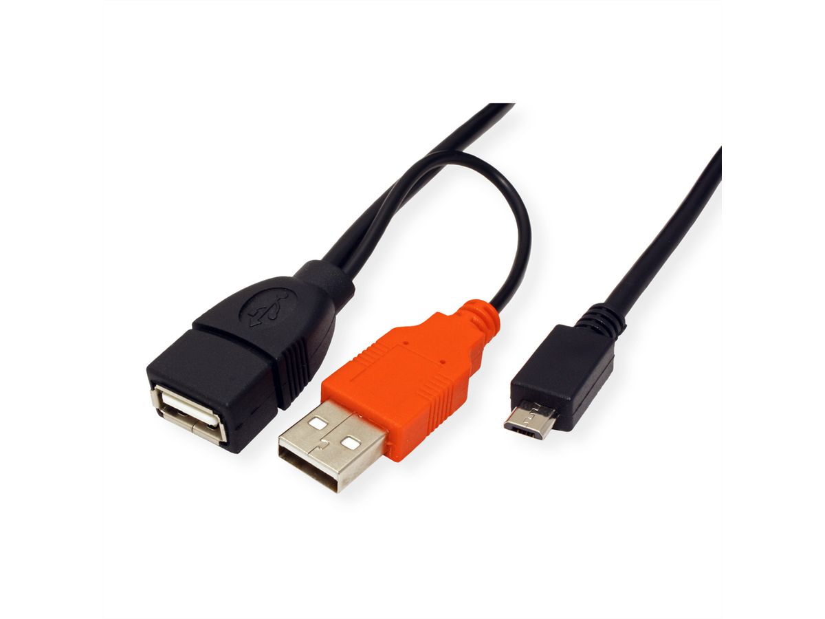 ROLINE Câble USB 2.0 en Y, 2x Type A (M/F) - Micro B M, 1 m